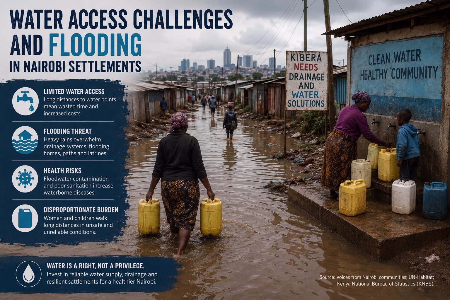 Residents in a flooded Nairobi informal settlement navigate muddy water while collecting water from a communal tap, with surrounding homes affected by poor drainage and flooding risks.