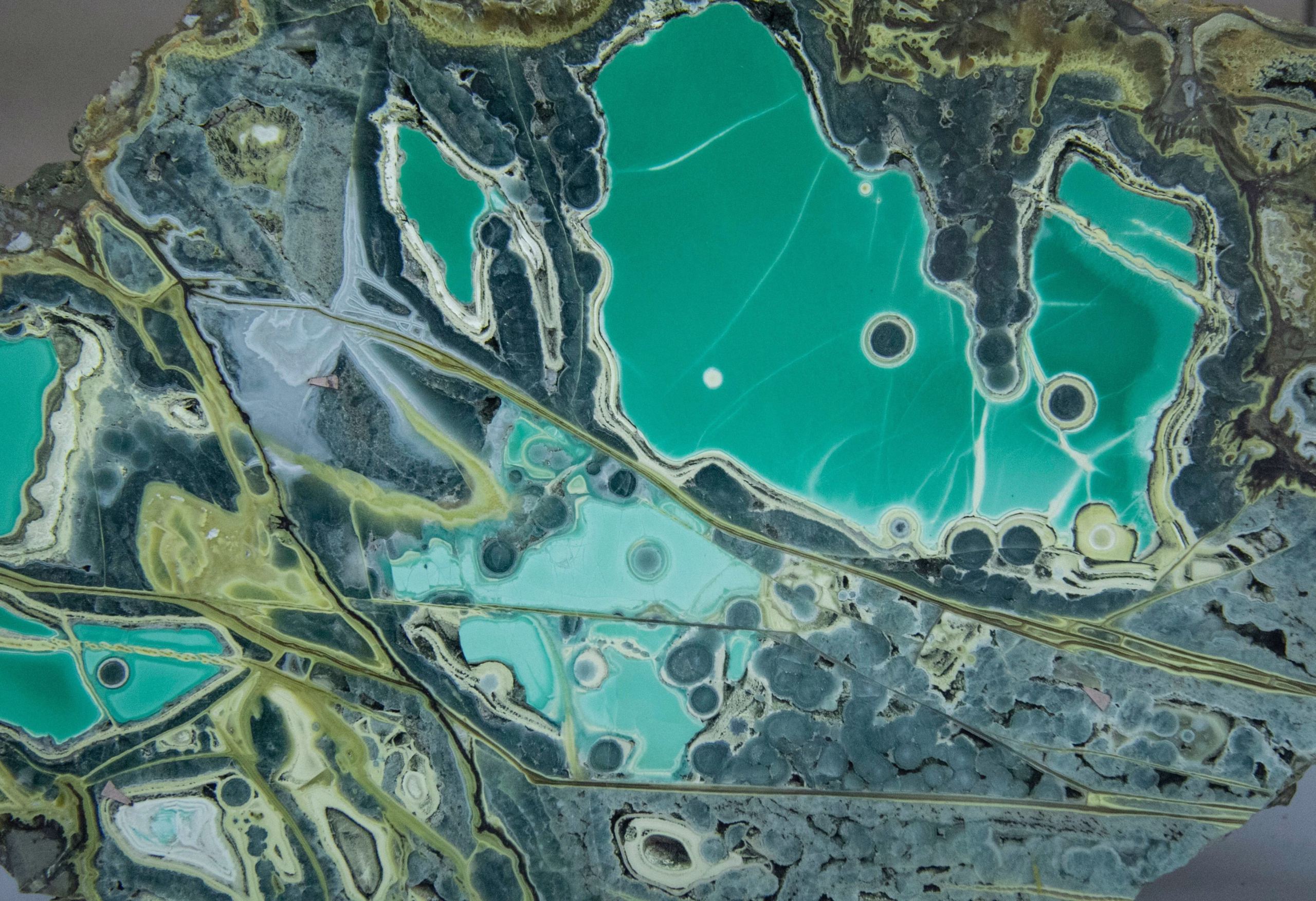 A close-up cross-section of a polished mineral slab showcasing vivid turquoise pockets that mirror urban groundwater resilience, with water-like veins trapped deep within fractured subsurface rock layers.